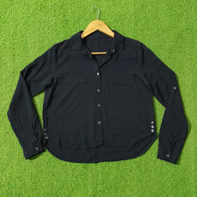 Black Open Collar Dual Pocket Full Sleeve Shirt - Front View