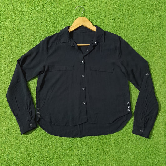 Black Open Collar Dual Pocket Full Sleeve Shirt - Front View