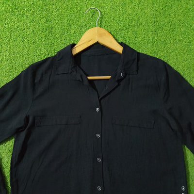 Black Open Collar Dual Pocket Full Sleeve Shirt - Detail View - alternate view