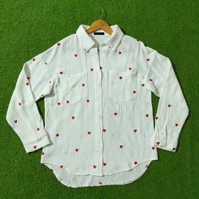 White Heart Embroidered Drop Shoulder Shirt - Front View
