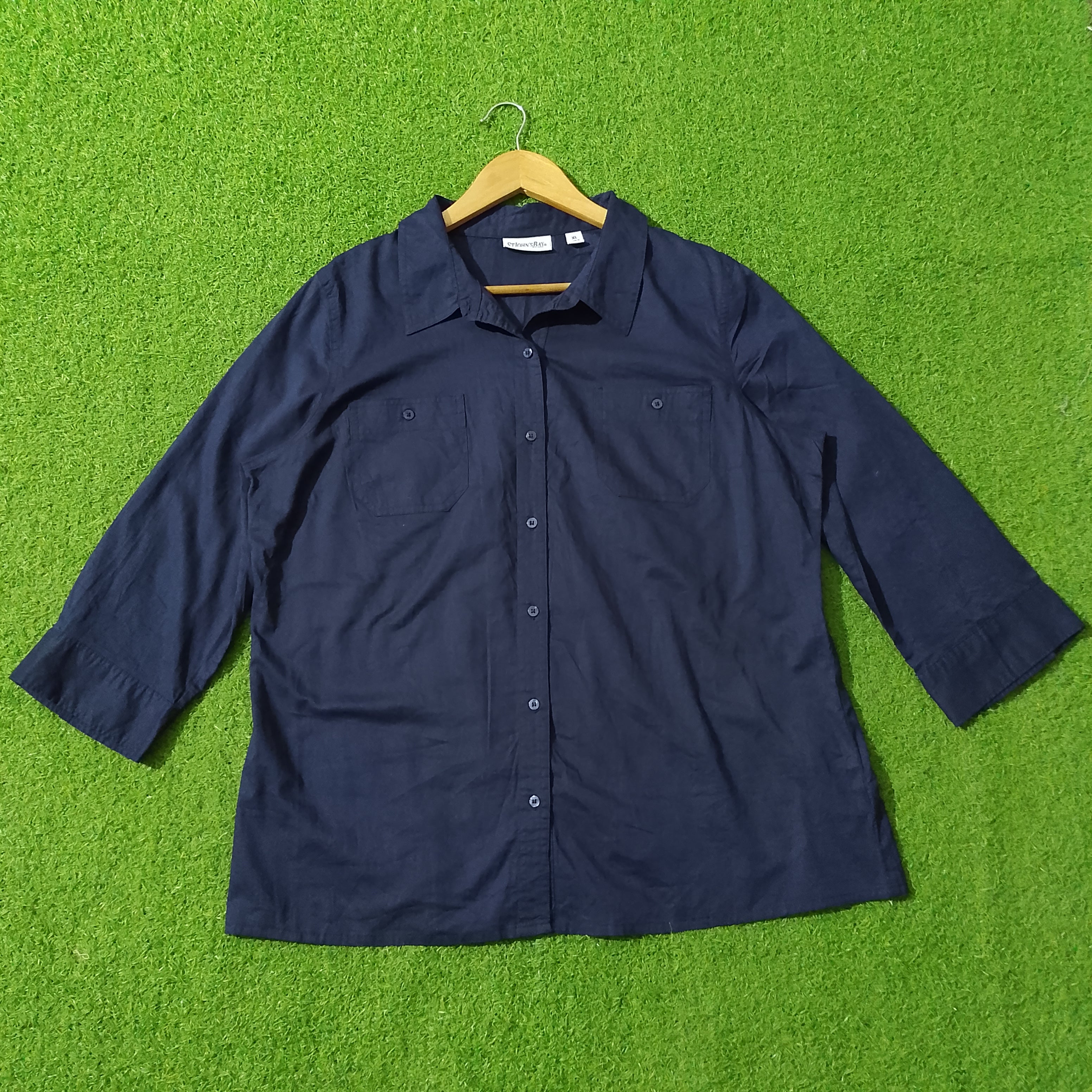 Navy Blue 3/4 Sleeve Dual Pocket Button-Down Shirt - Front View