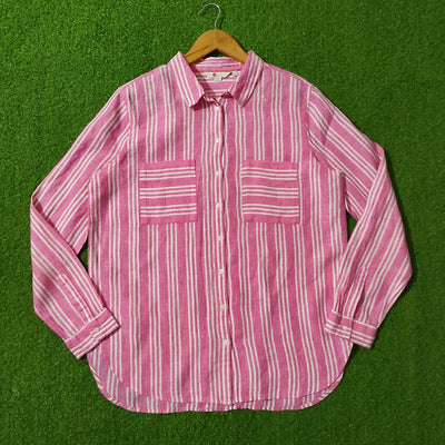 Pink White Striped Full Sleeve Dual Pocket Shirt - Front View