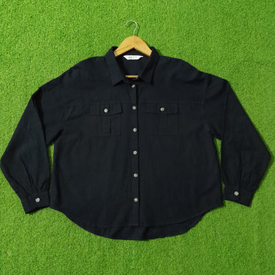 Black Drop Shoulder Dual Flap Pocket Shirt - Front View