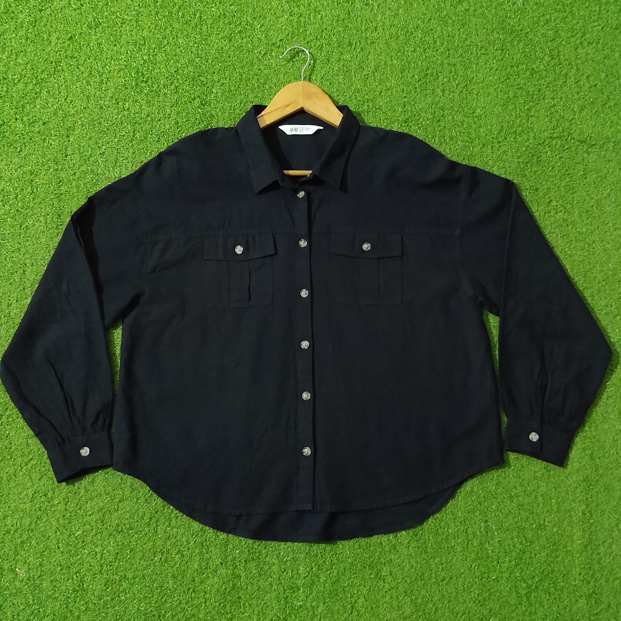 Black Drop Shoulder Dual Flap Pocket Shirt - Front View