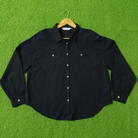 Black Drop Shoulder Dual Flap Pocket Shirt - Front View