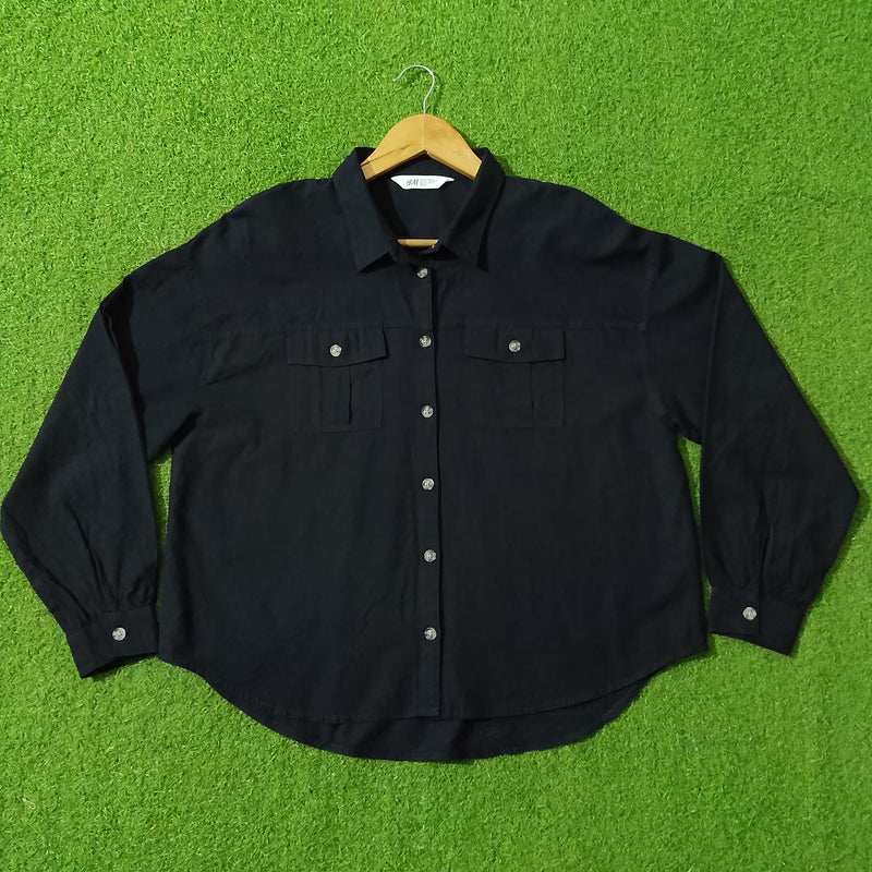 Black Drop Shoulder Dual Flap Pocket Shirt - Front View