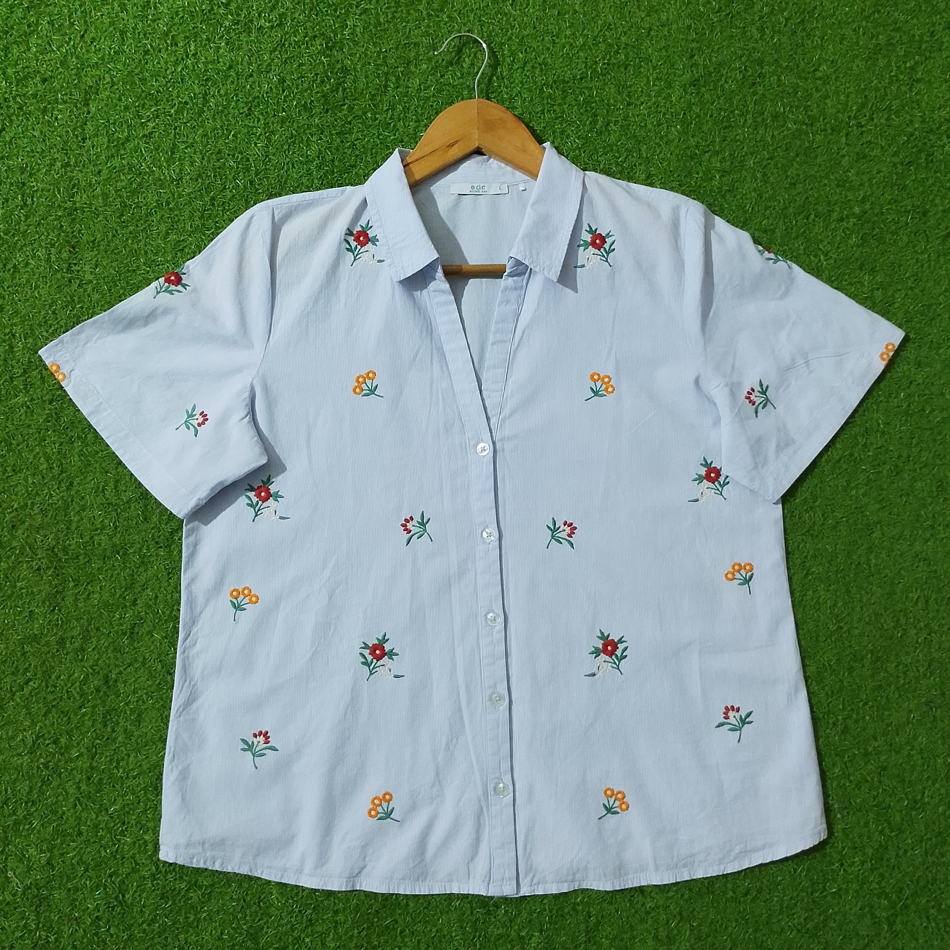 Light Blue Striped Floral Embroidered Short Sleeve Shirt - Front View