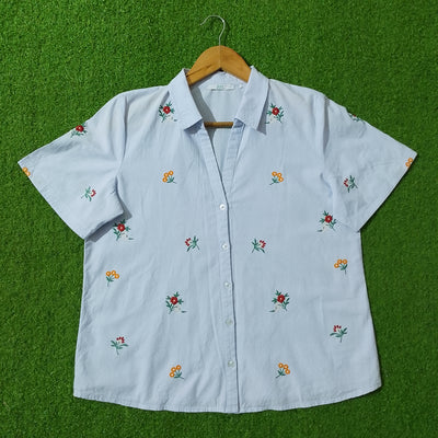 Light Blue Striped Floral Embroidered Short Sleeve Shirt - Front View