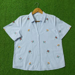 Light Blue Striped Floral Embroidered Short Sleeve Shirt - Front View