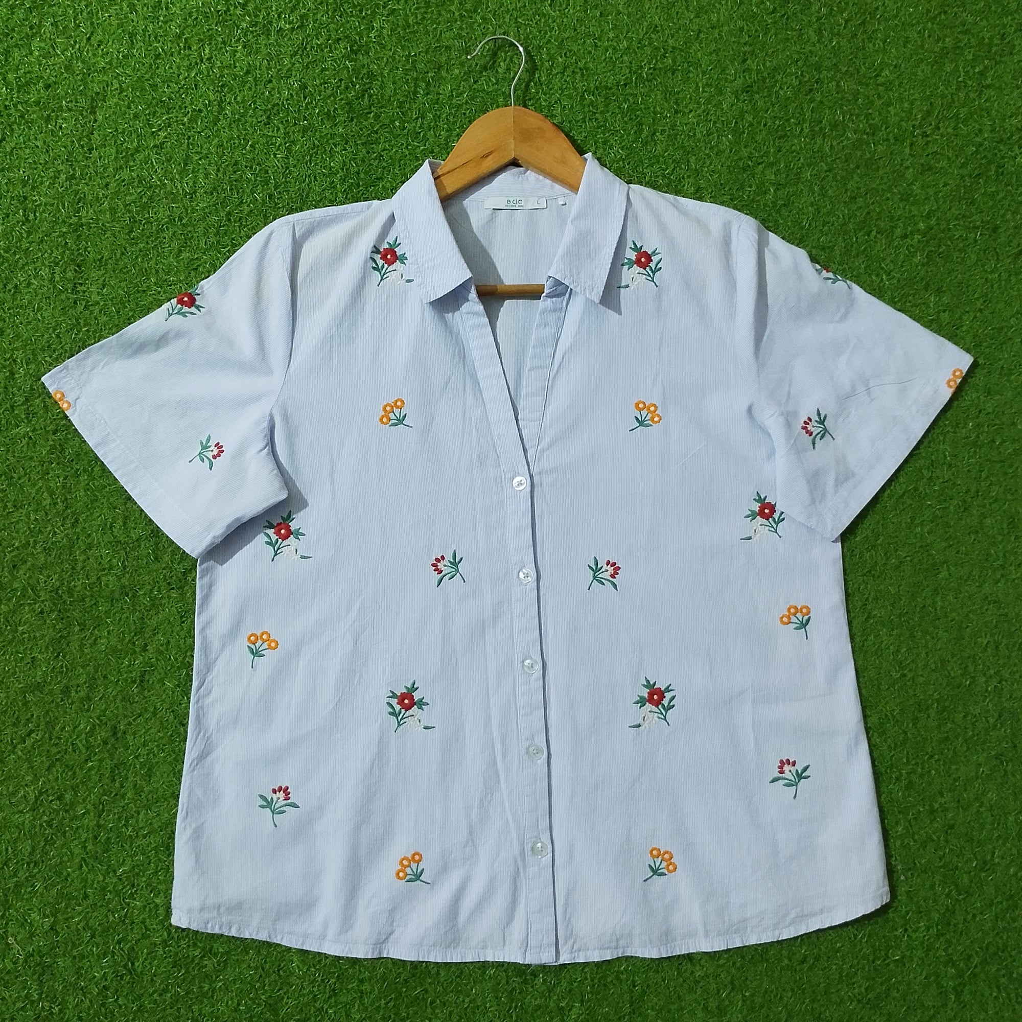 Light Blue Striped Floral Embroidered Short Sleeve Shirt - Front View