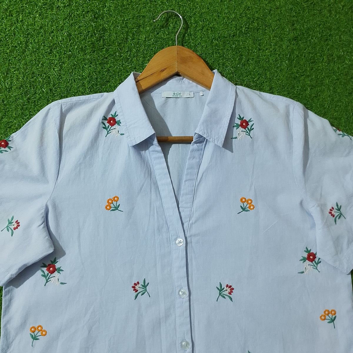 Light Blue Striped Floral Embroidered Short Sleeve Shirt - Detail View
