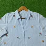 Light Blue Striped Floral Embroidered Short Sleeve Shirt - Detail View