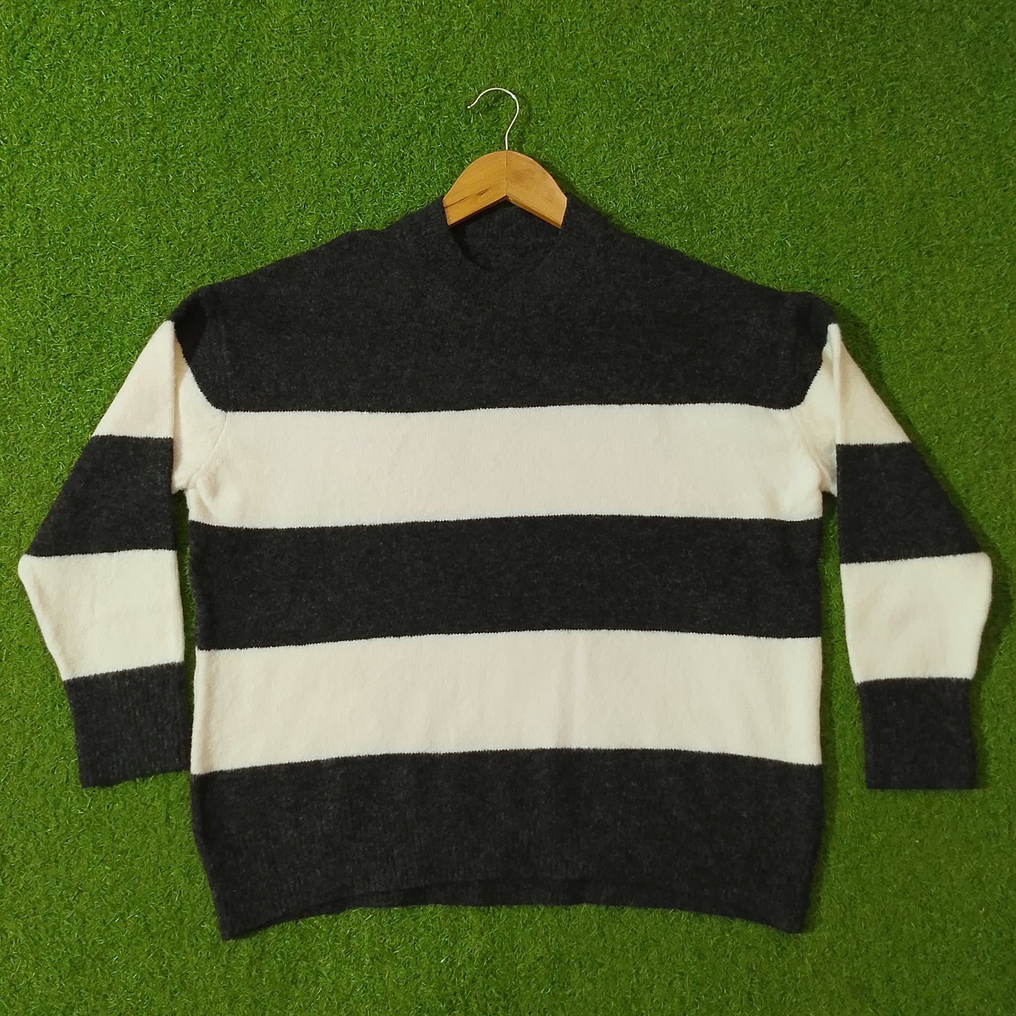 Charcoal &  off White Bold Stripe Mock Neck Blouses