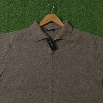 Mocha brown polo collar knit sweater - neckline detail - alternate view