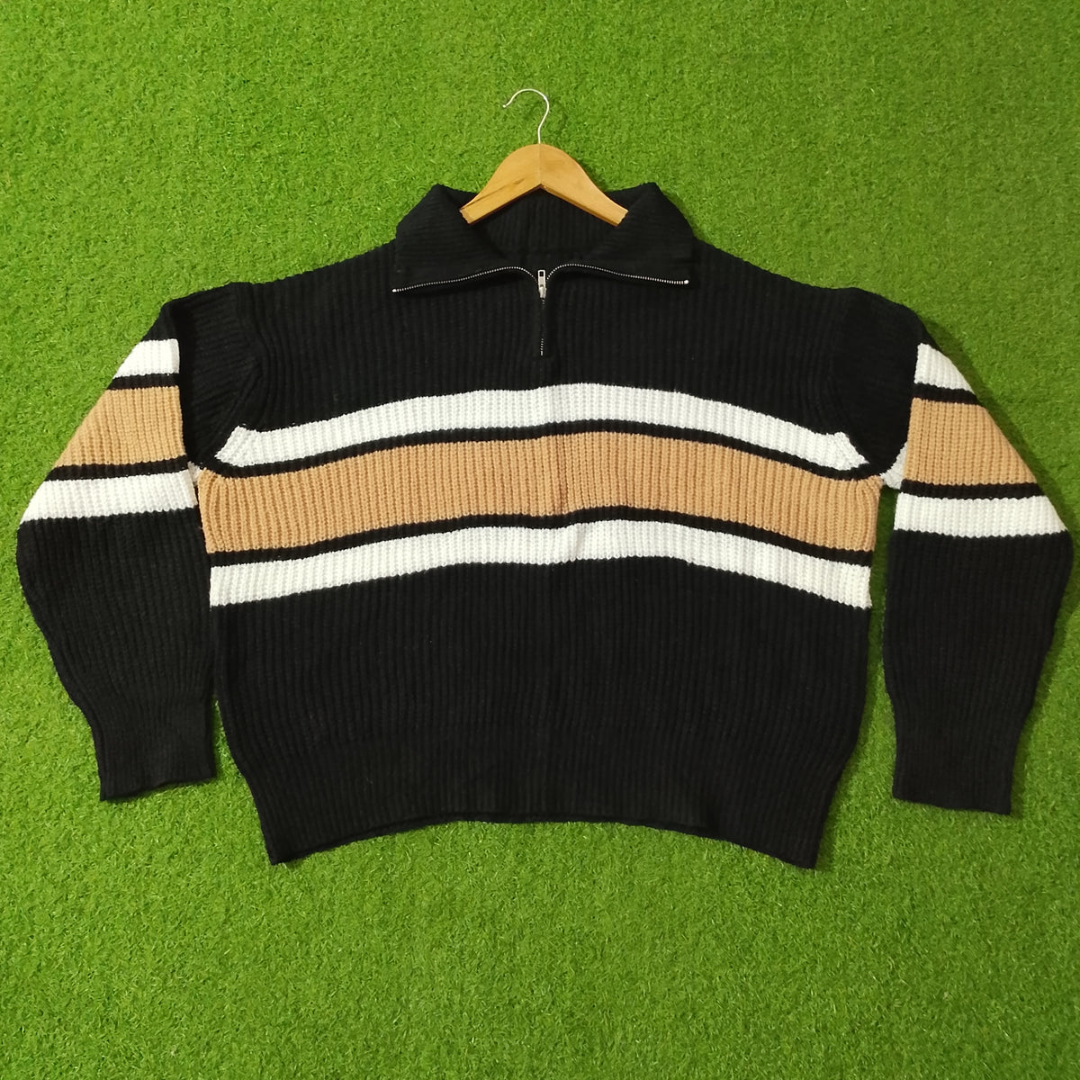 Black camel and white stripe half-zip ribbed knit blouse - front view