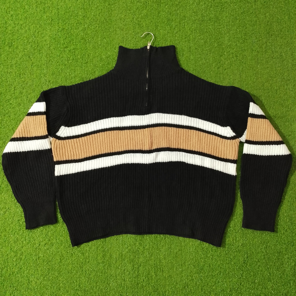 Black camel and white stripe half-zip ribbed knit blouse - back view