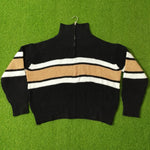 Black camel and white stripe half-zip ribbed knit blouse - back view
