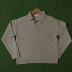 Beige polo collar open V-neck knit sweater - front view