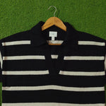 Navy and white striped polo collar open-neck knit blouse - collar detail