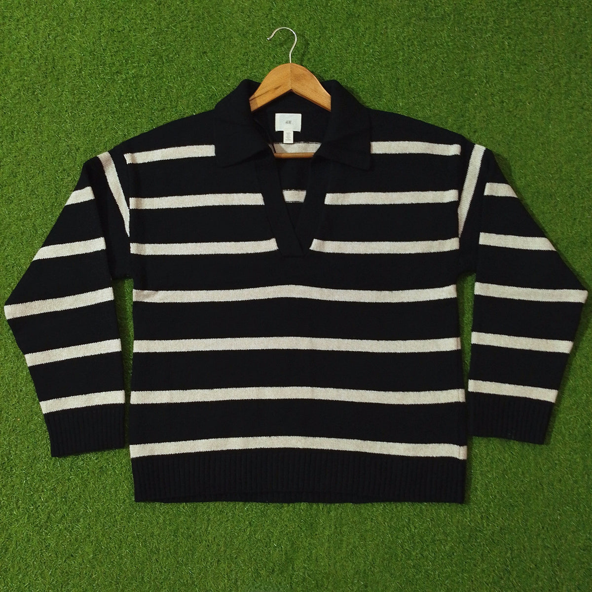 Navy and white striped polo collar open-neck knit blouse - full view