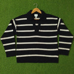 Navy and white striped polo collar open-neck knit blouse - full view