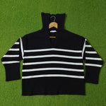 Black and white striped drop shoulder ribbed collar knit blouse - full view