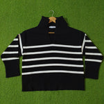 Black and white striped drop shoulder ribbed collar knit blouse - front view