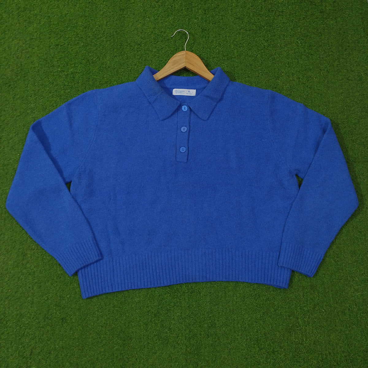 Royal blue polo collar button-up knit blouse - full view