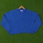Royal blue polo collar button-up knit blouse - full view
