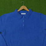 Royal blue polo collar button-up knit blouse - collar detail