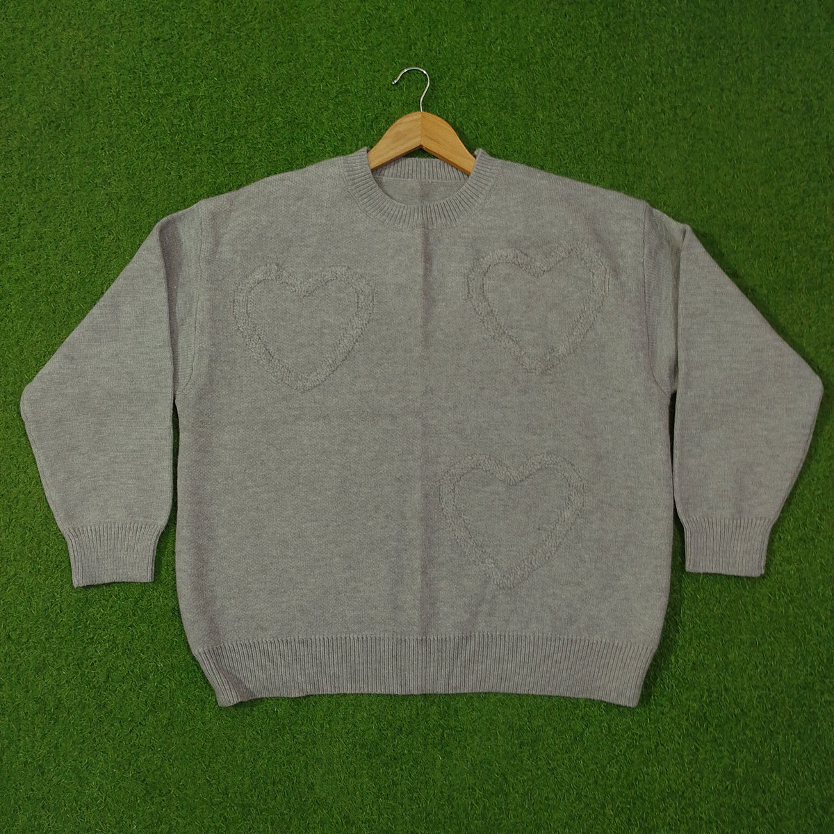 Grey heart embossed crew neck knit sweater - full view
