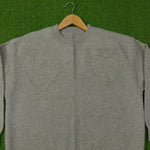 Grey heart embossed crew neck knit sweater - front detail