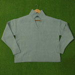 Sage green drop shoulder ribbed collar open V-neck knit blouse - full view