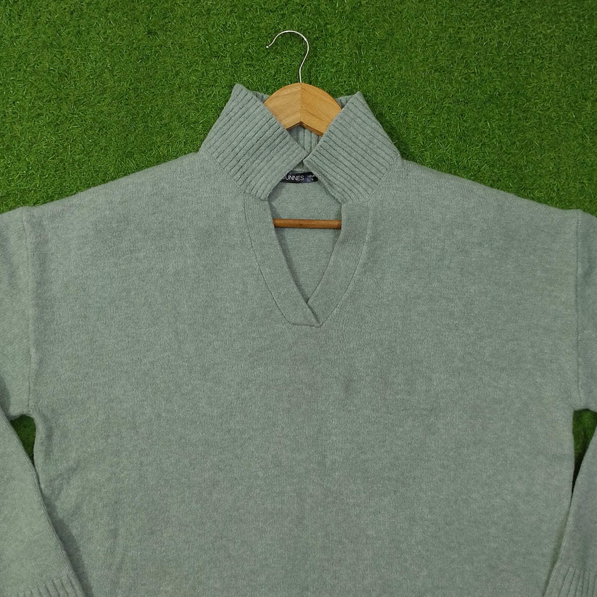 Sage green drop shoulder ribbed collar open V-neck knit blouse - collar detail