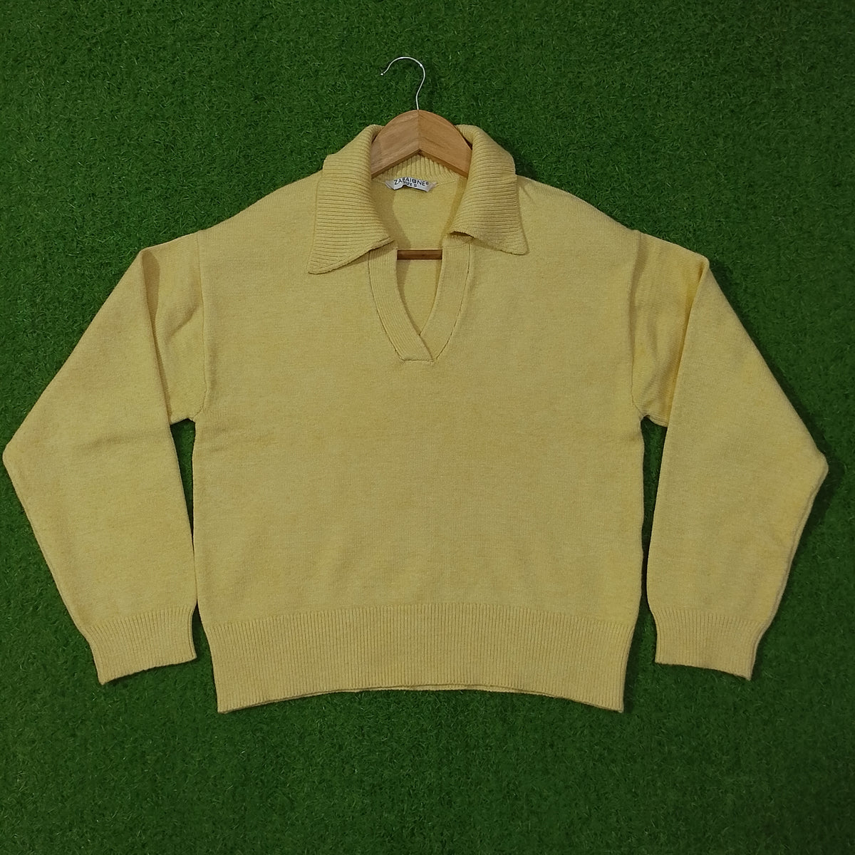 Butter yellow polo collar open V-neck knit blouse - full view
