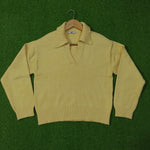 Butter yellow polo collar open V-neck knit blouse - full view