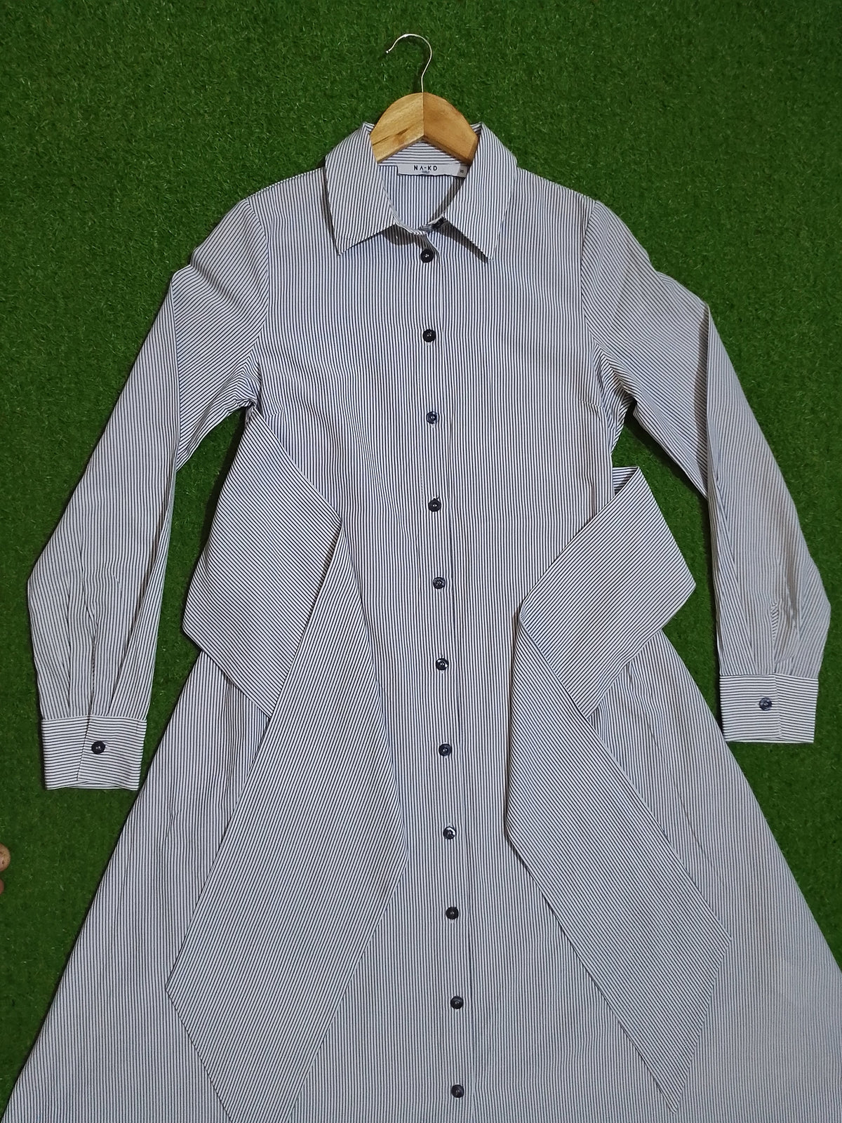 White Blue Striped Button-Down Shirt Dress - Full Length