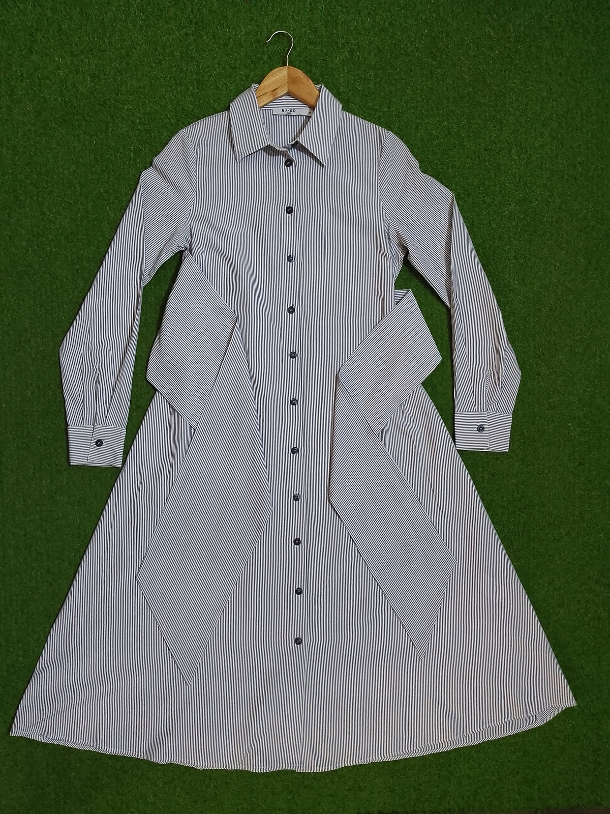White Blue Striped Button-Down Shirt Dress - Detail View