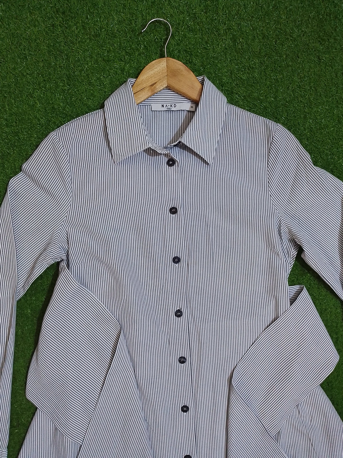 White Blue Striped Button-Down Shirt Dress - Front View
