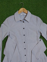 White Blue Striped Button-Down Shirt Dress - Front View