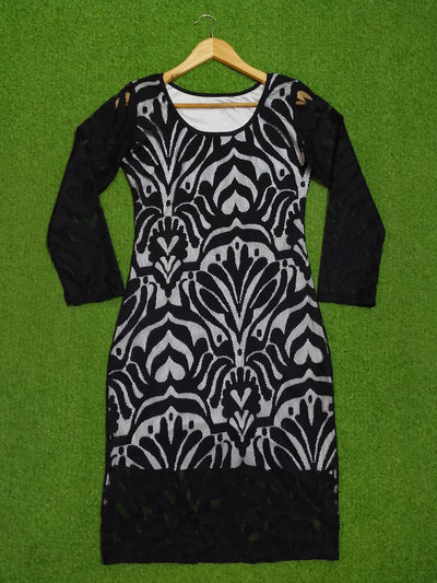 Black White Damask Print Net Bodycon Dress - Full View - alternate view