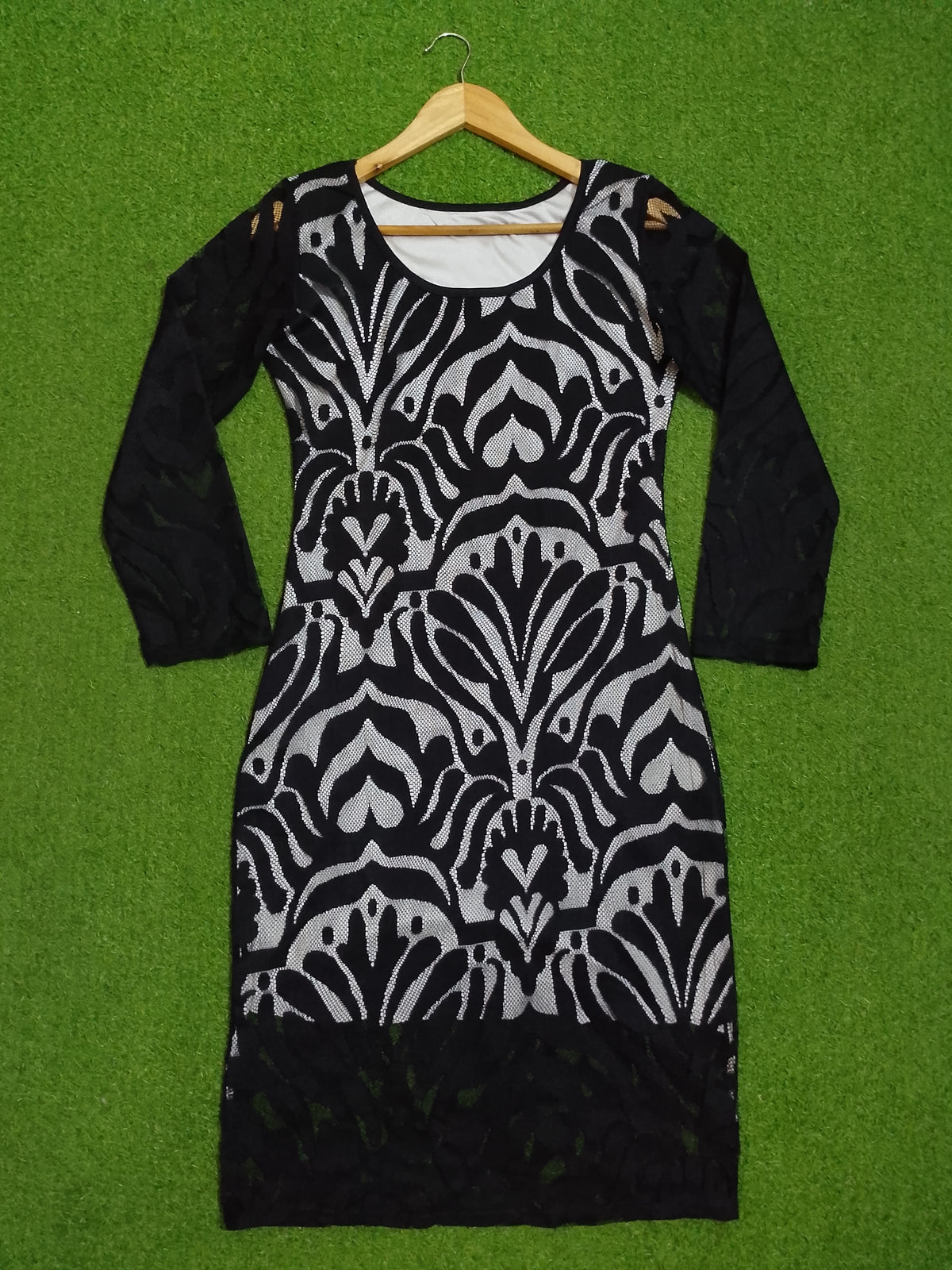 Black White Damask Print Net Bodycon Dress - Full View