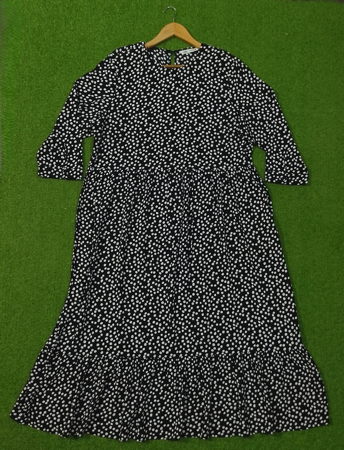 Black White Polka Dot Tiered Midi Dress - Full View