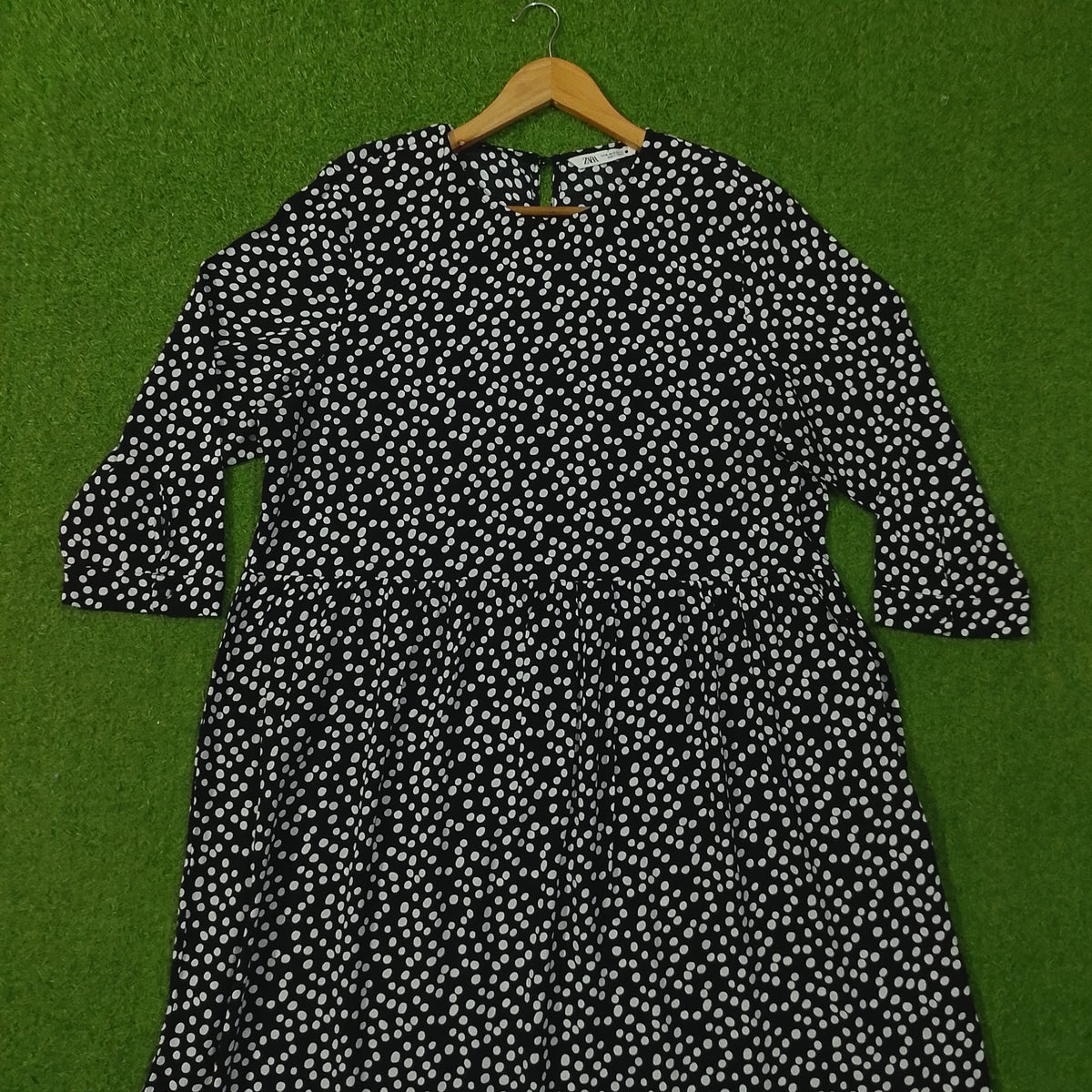 Black White Polka Dot Tiered Midi Dress - Upper Body