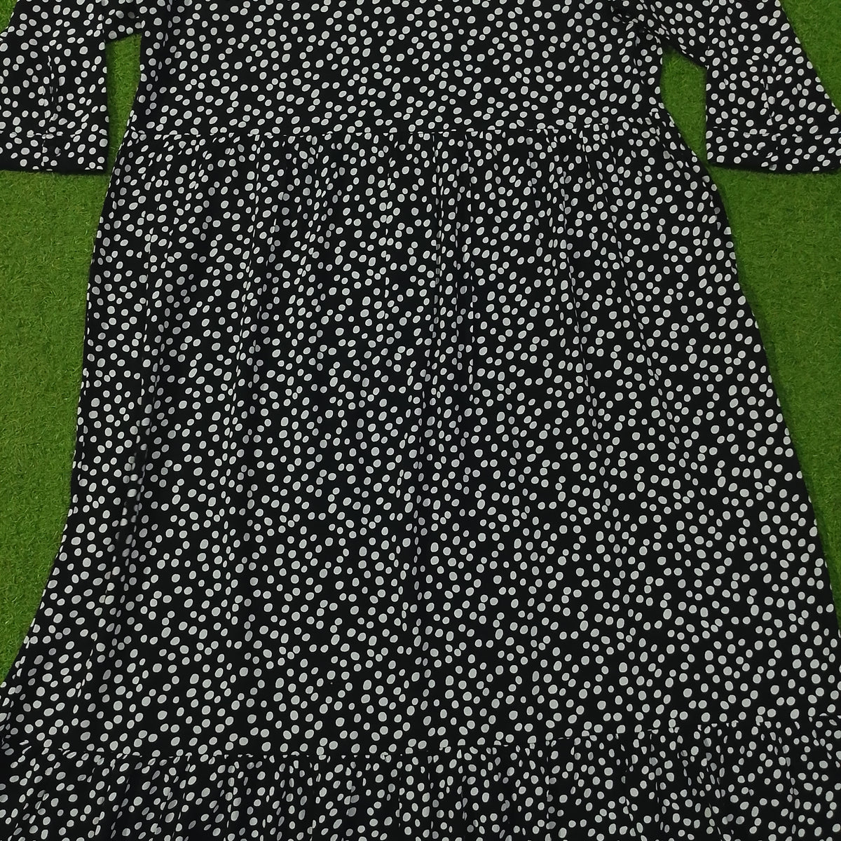 Black White Polka Dot Tiered Midi Dress - Skirt Detail