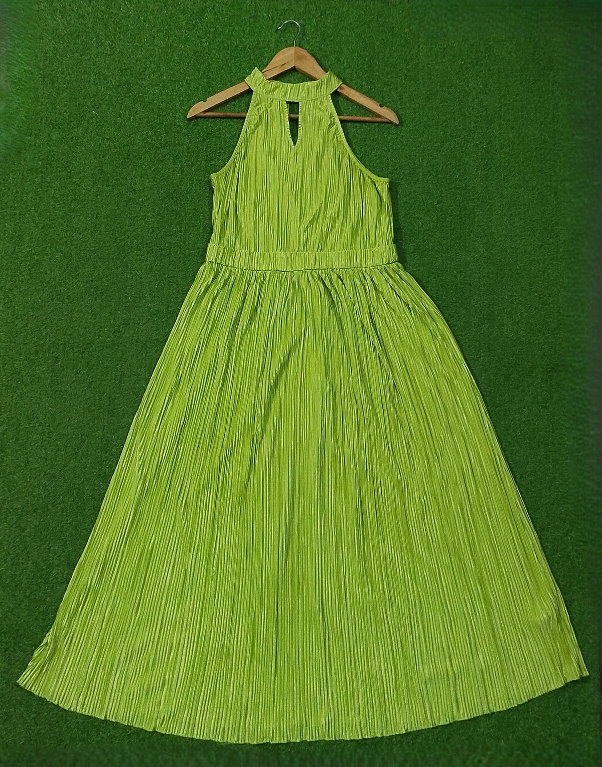 Lime Green Pleated Halter Neck Maxi Dress - Full View