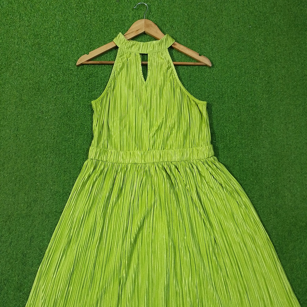 Lime Green Pleated Halter Neck Maxi Dress - Upper Body