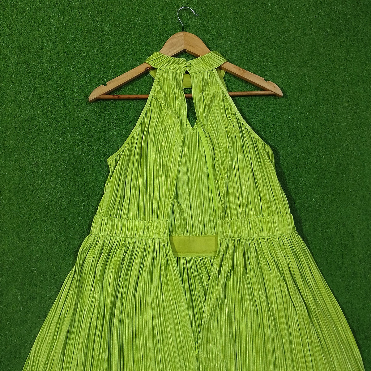 Lime Green Pleated Halter Neck Maxi Dress - Back View