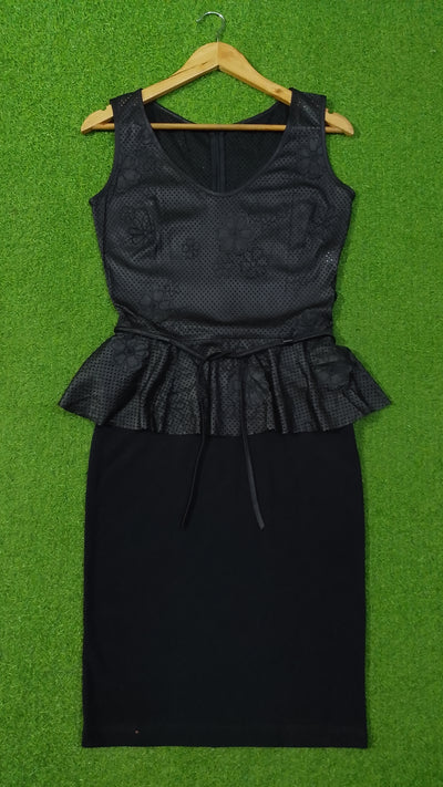 Black Perforated Floral Peplum Bodycon Dress - Full View - alternate view