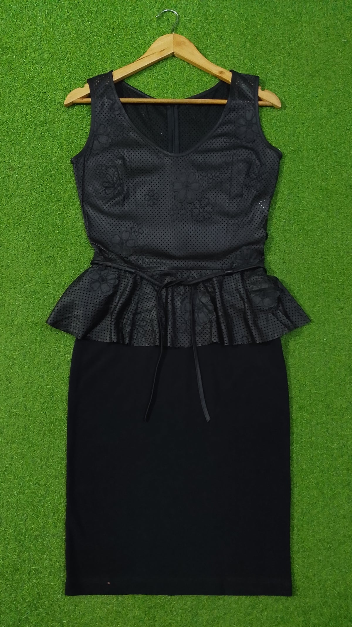 Black Perforated Floral Peplum Bodycon Dress - Full View